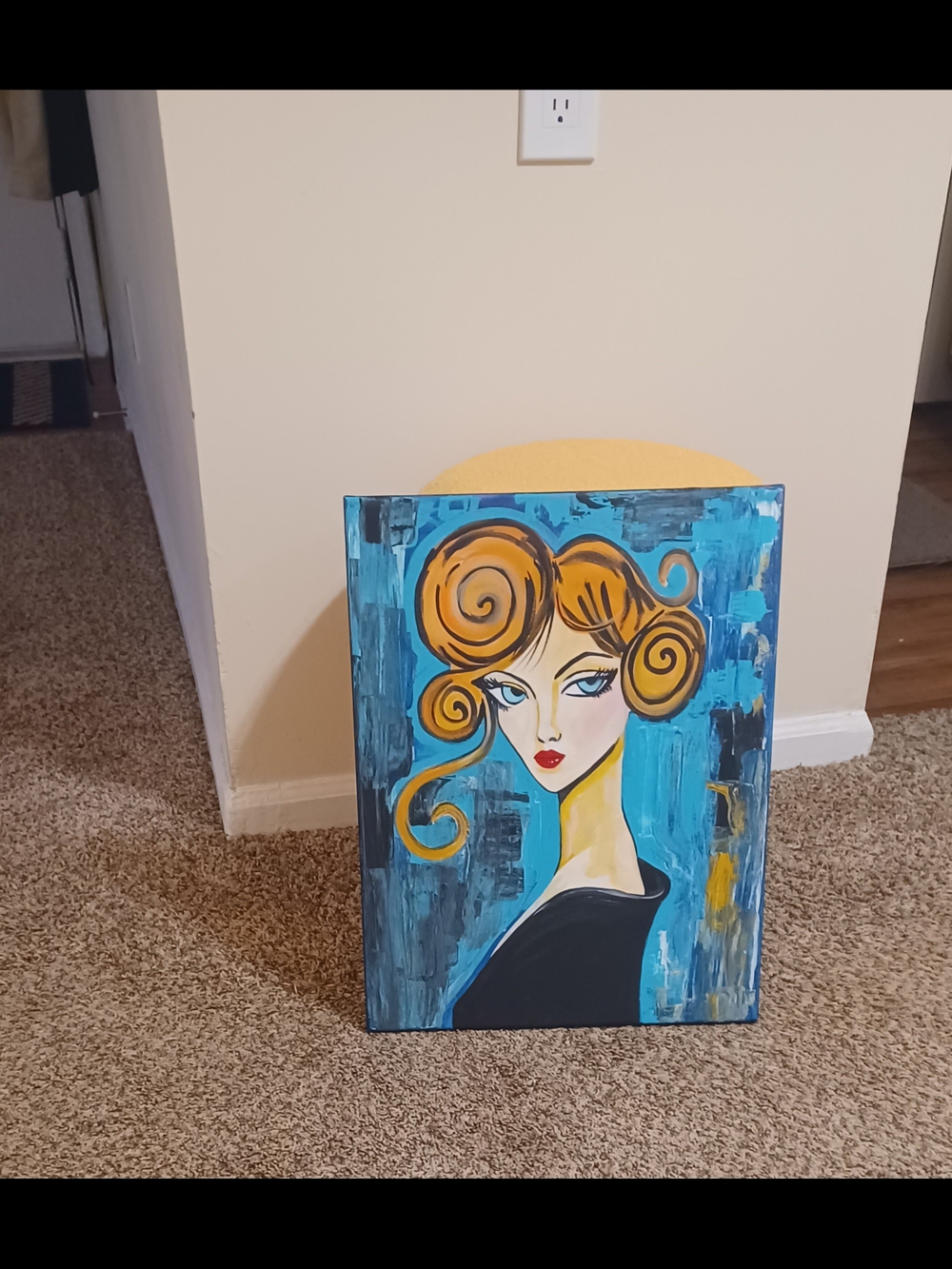 Original Acrylic Turquoise Background Portrait Painting with Gold Hair - Picture 7 of 7